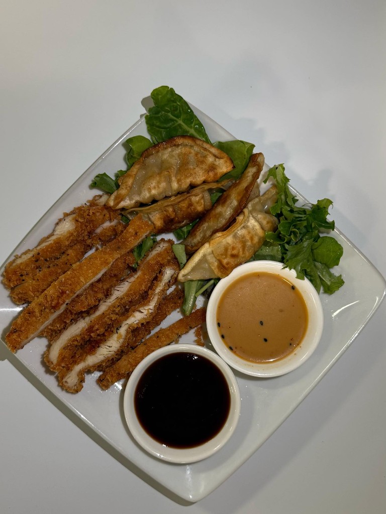Chicken katsu and pan-fried gyoza with dipping sauces
